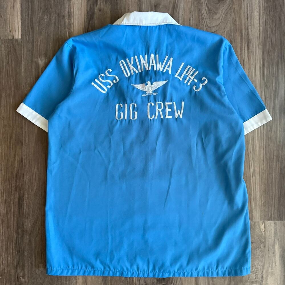 Vintage 1980s USS Okinawa LPH-3 Gig Crew Shirt Men's Size L Blue RARE